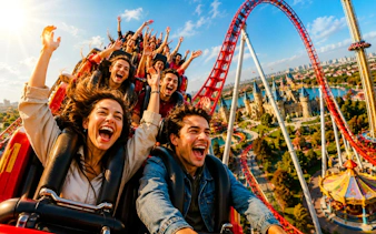 Guests on a roller coaster at Vialand Theme Park, Istanbul, with castle view.