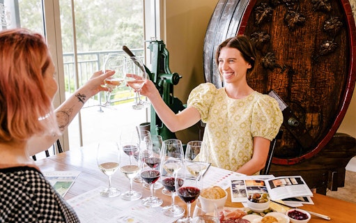 Friends toasting with wine glasses at a winery table with tasting menu.
