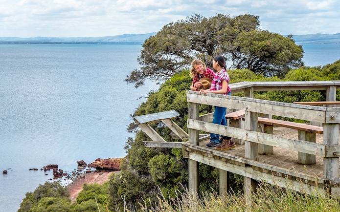 Visitors enjoying a scenic view from a wooden lookout on Churchill Island trail.