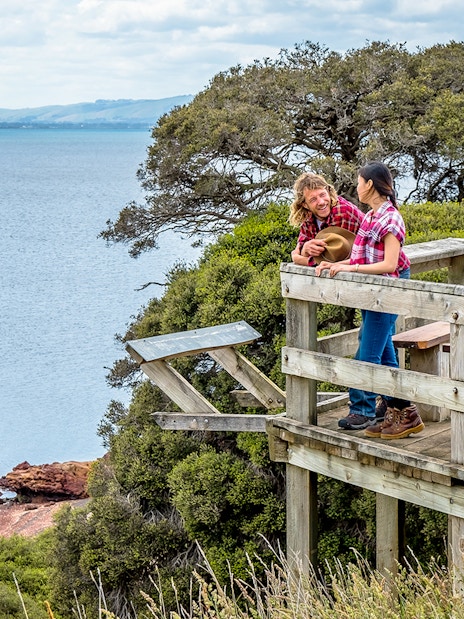 Visitors enjoying a scenic view from a wooden lookout on Churchill Island trail.