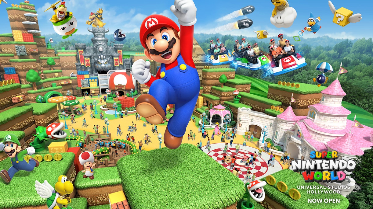 Visitors exploring Super Nintendo World at Universal Studios Hollywood.