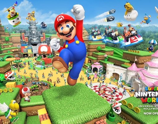 Visitors exploring Super Nintendo World at Universal Studios Hollywood.