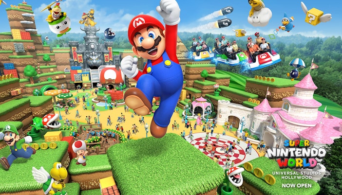 Visitors exploring Super Nintendo World at Universal Studios Hollywood.