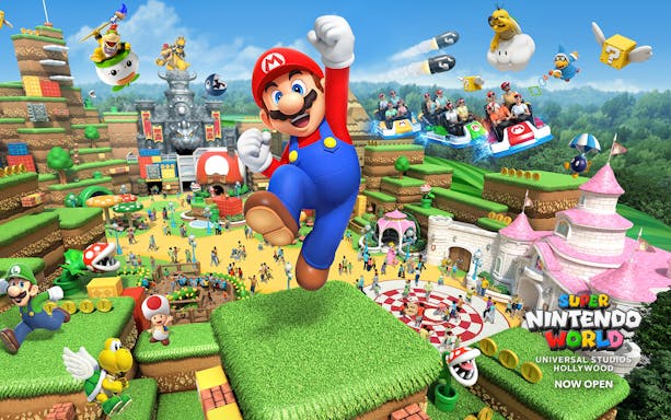 Super Nintendo World at Universal Studios Hollywood with Mario and themed attractions.