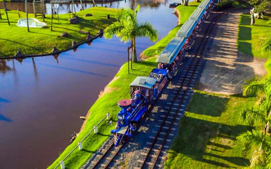Trenzinho ride at Beto Carrero World passing by a scenic pond and palm trees.
