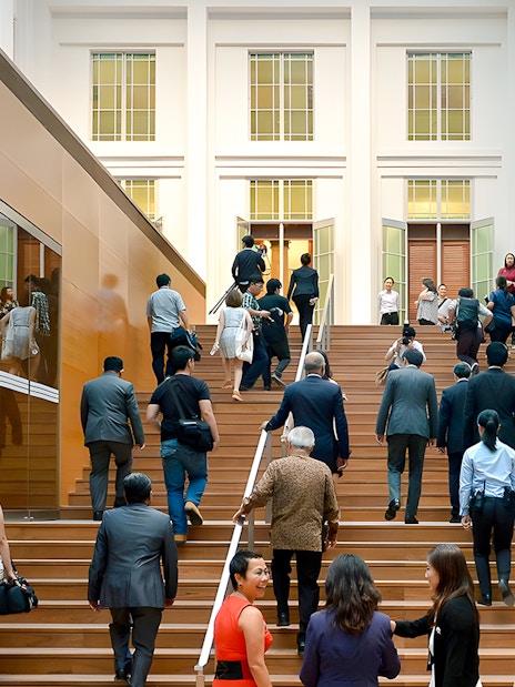 Guests ascending steps at National Gallery Singapore courtyard.