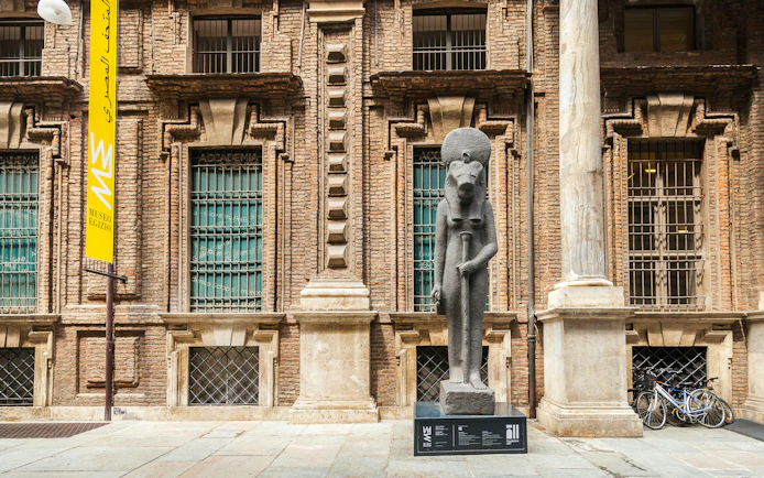 Statue of Sekhmet at Egyptian Museum entrance, Turin.