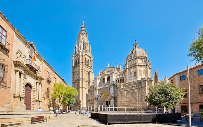Church of Santo Tomé in Toledo, Spain, with its iconic bell tower and historic architecture.