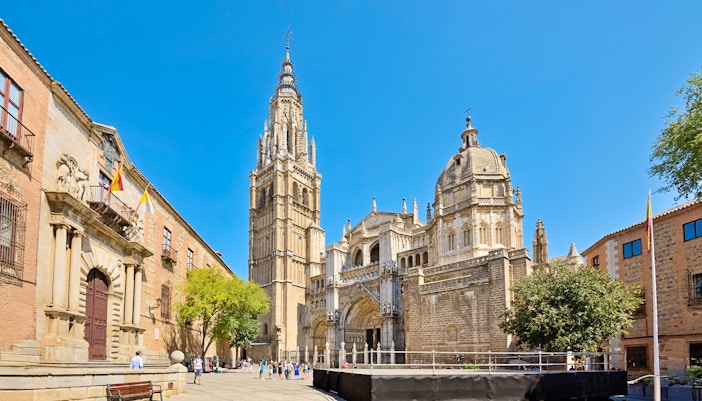 Church of Santo Tomé in Toledo, Spain, with its iconic bell tower and historic architecture.