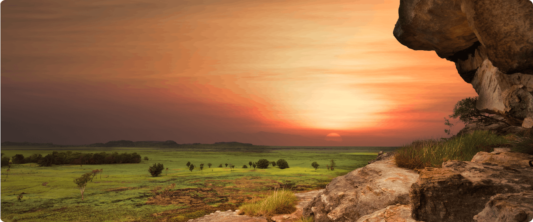 Sunset view over Kakadu National Park landscape near Darwin, Australia.