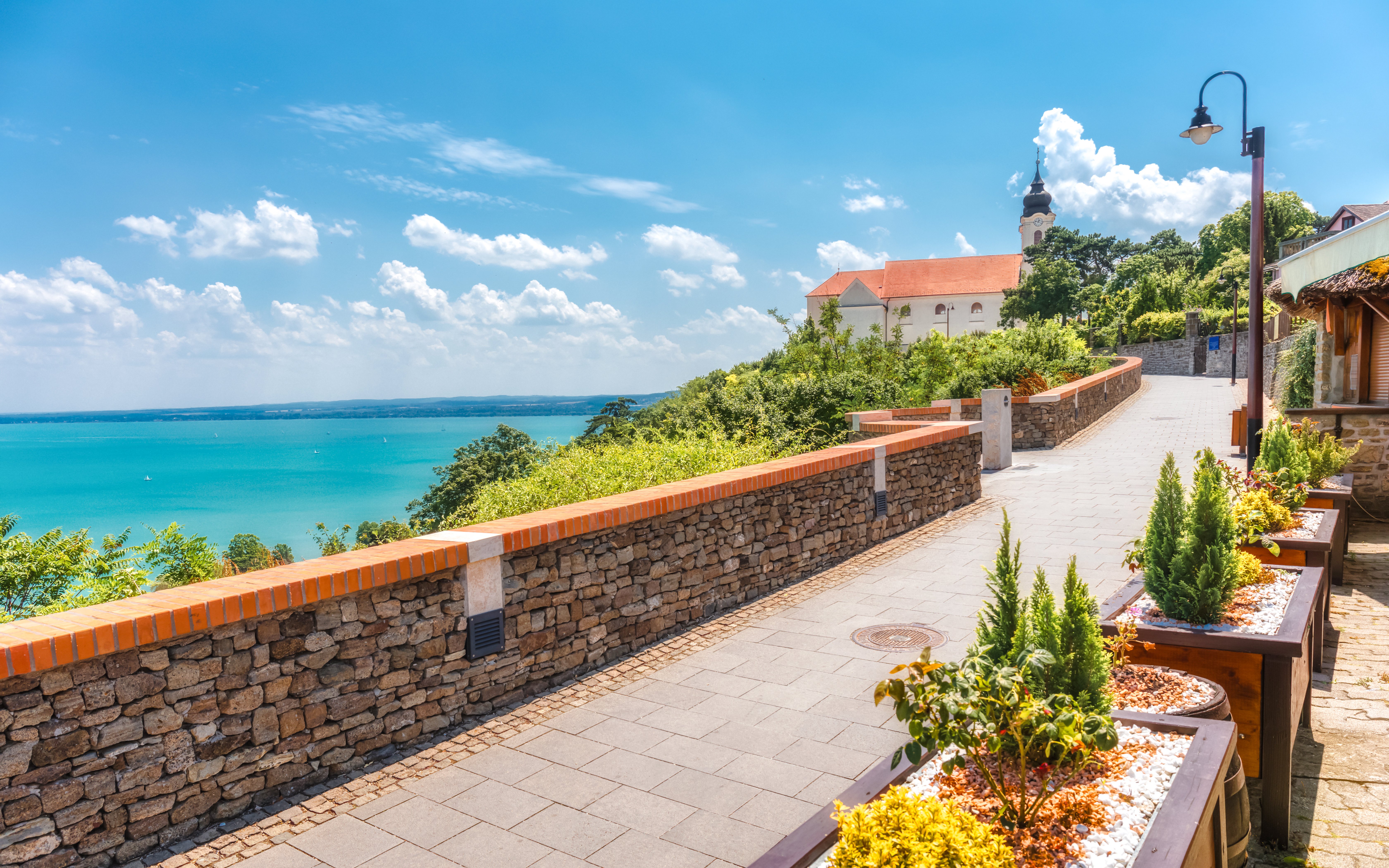 Tihany Peninsula path with view of Benedictine Abbey and Lake Balaton, Hungary.