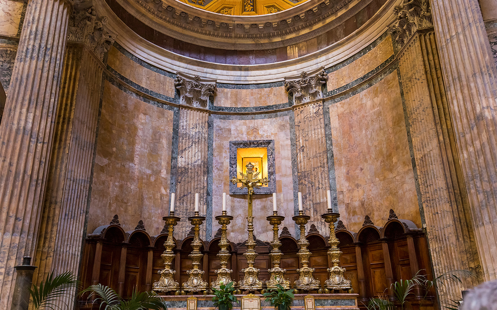 Roman Pantheon interior with ancient artwork and architectural details