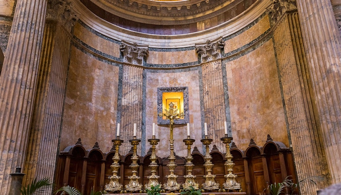 Roman Pantheon interior with ancient artwork and architectural details