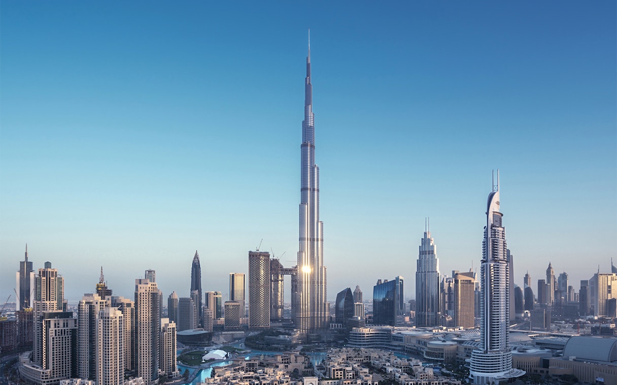 Burj Khalifa towering over Dubai skyline, UAE.