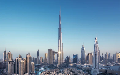Burj Khalifa towering over Dubai skyline, UAE.