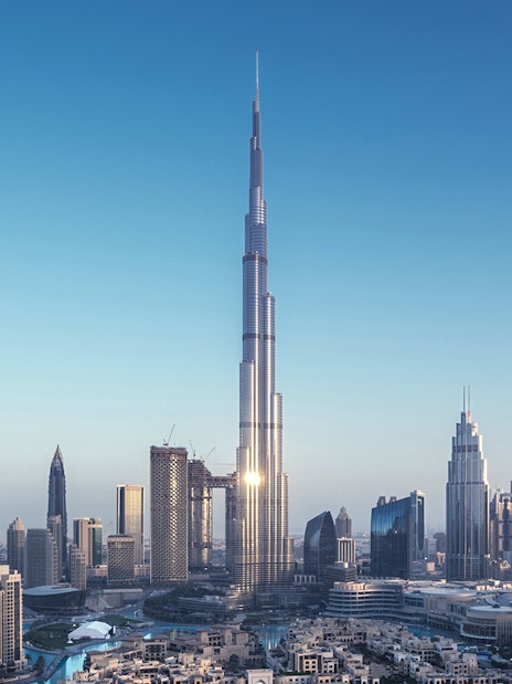 Burj Khalifa towering over Dubai skyline, UAE.