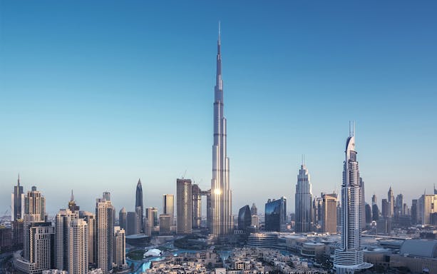 Burj Khalifa towering over Dubai skyline, UAE.