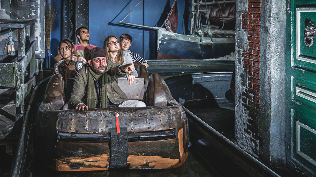 Boat ride through eerie setting inside Hamburg Dungeon.