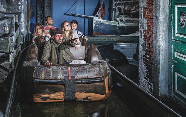 Boat ride through eerie setting inside Hamburg Dungeon.