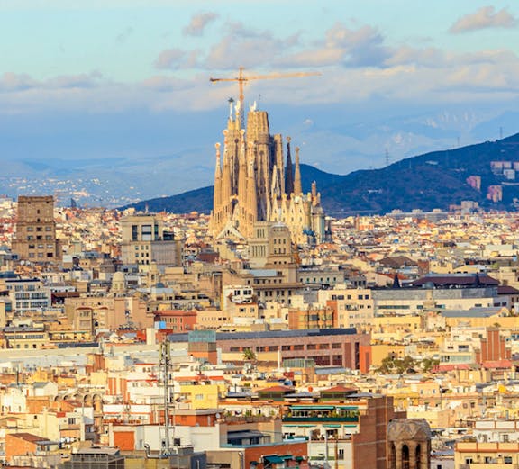 Barcelona cityscape with Sagrada Familia viewed from Montjuic, Catalonia, Spain.