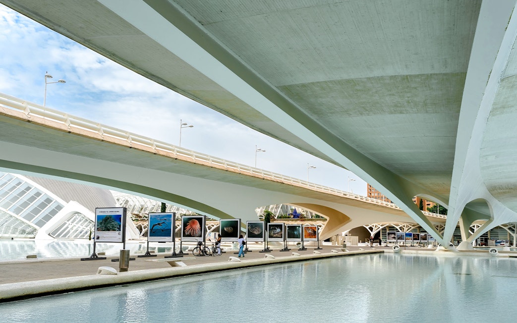 View of Hemisfèric architecture and outdoor exhibits in City of Arts and Sciences, Valencia.