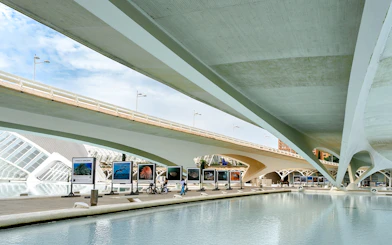 View of Hemisfèric architecture and outdoor exhibits in City of Arts and Sciences, Valencia.