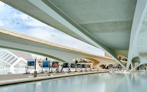 View of Hemisfèric architecture and outdoor exhibits in City of Arts and Sciences, Valencia.
