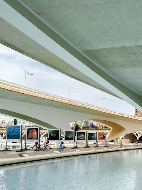 View of Hemisfèric architecture and outdoor exhibits in City of Arts and Sciences, Valencia.