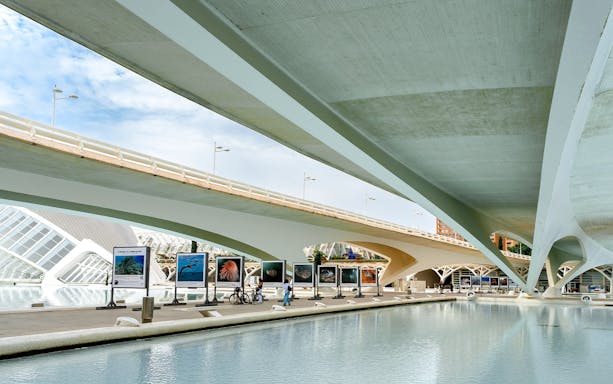 View of Hemisfèric architecture and outdoor exhibits in City of Arts and Sciences, Valencia.