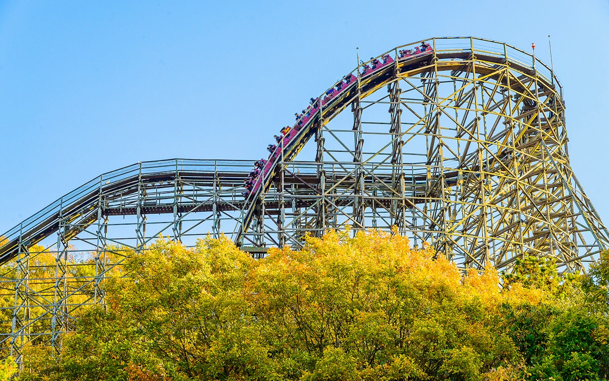 Roller coaster at Everland theme park with vibrant autumn trees.