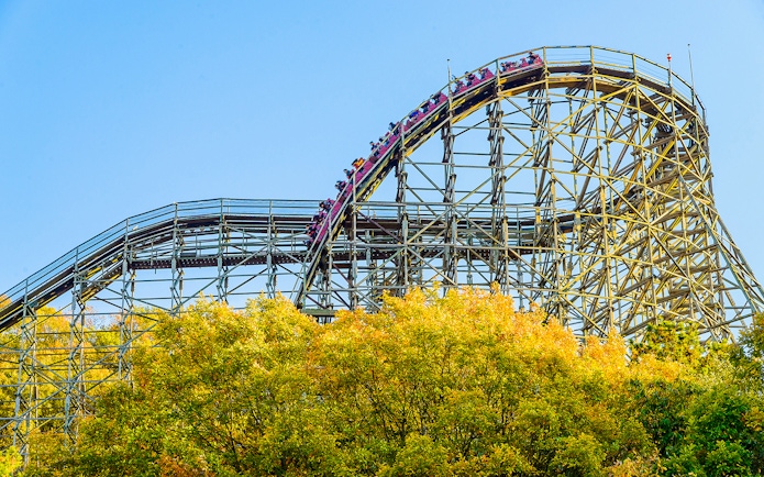 Roller coaster at Everland theme park with vibrant autumn trees.