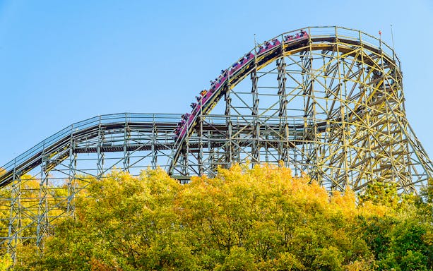 Roller coaster at Everland theme park with vibrant autumn trees.