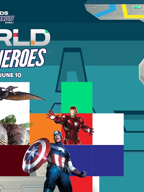 Characters and dinosaurs at IMG Worlds of Adventure Dubai event poster.