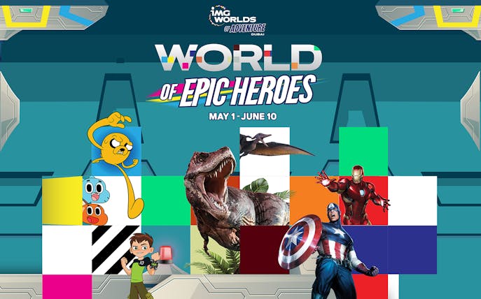 Characters and dinosaurs at IMG Worlds of Adventure Dubai event poster.