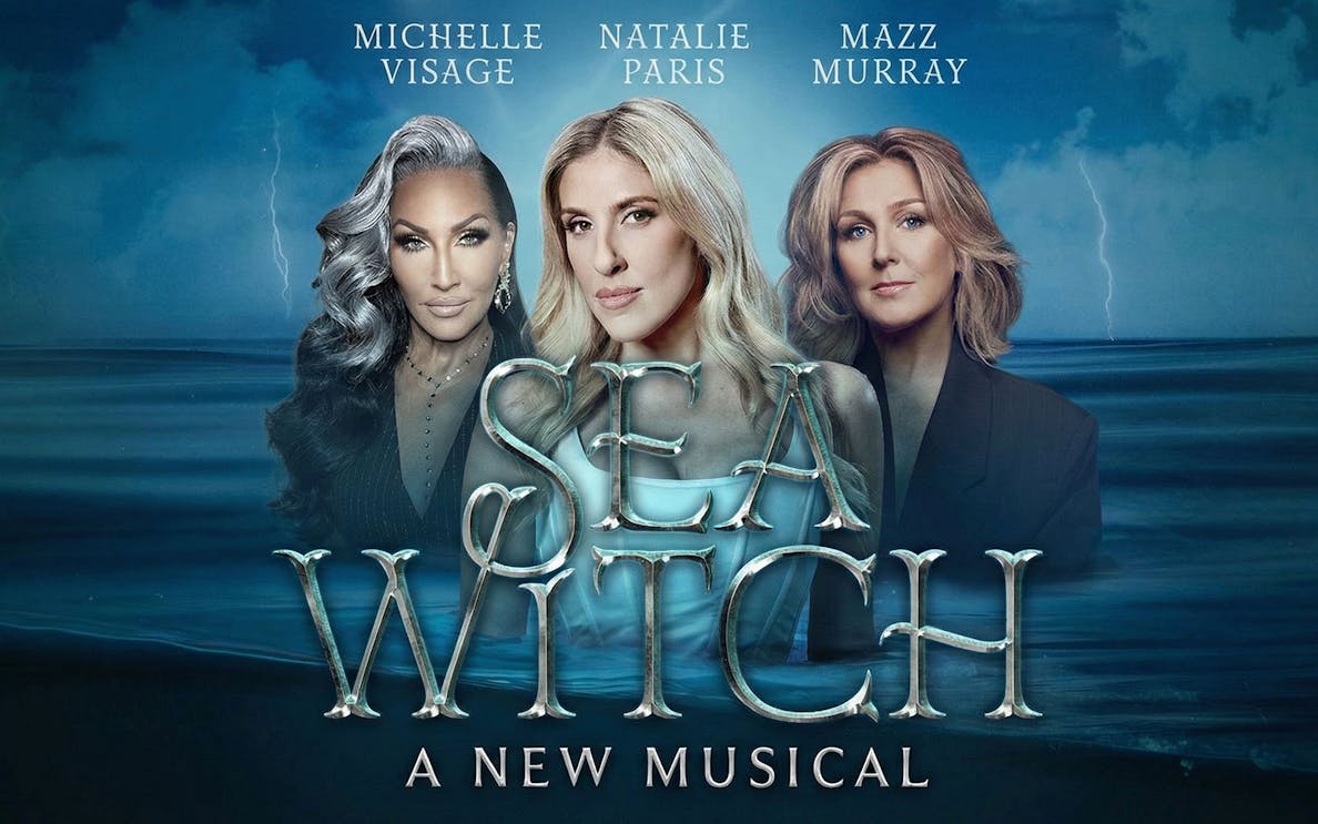 Sea Witch musical poster with three performers, West End show
