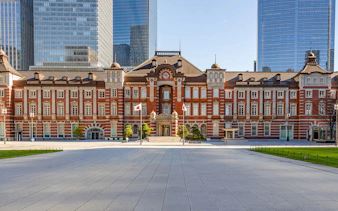 Tokyo Station with red brick facade and plaza, Tokyo, Japan.