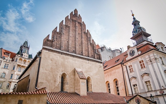 Old New Synagogue in Prague's Jewish Ghetto with historic architecture.