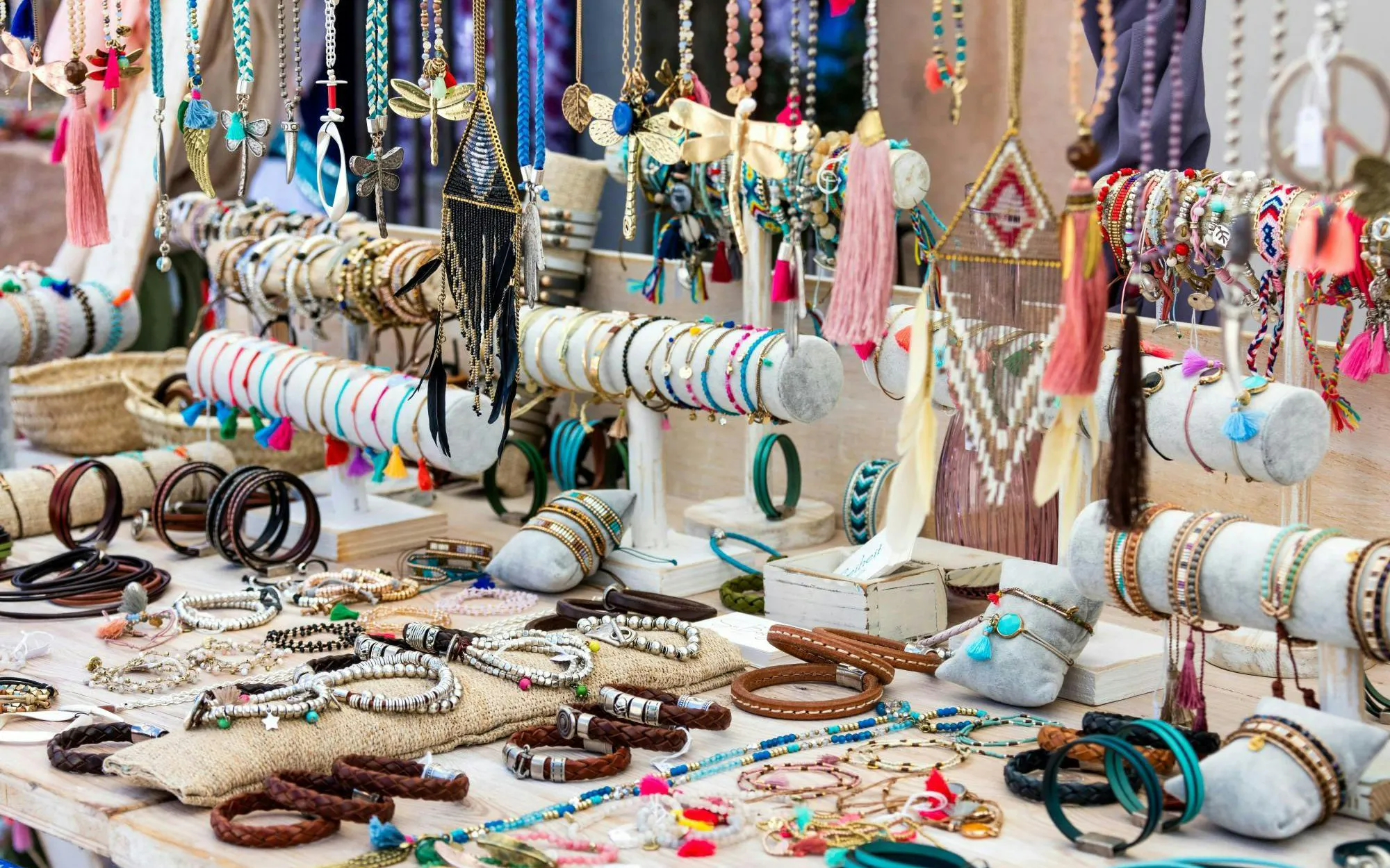 Jewelry display at Artà country market in Eastern Majorca, Spain.