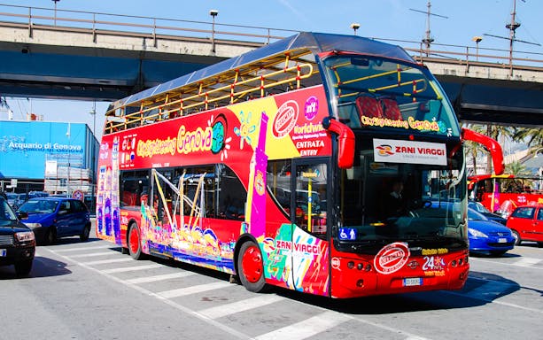 City Sightseeing bus in Genoa, Italy near Acquario di Genova.