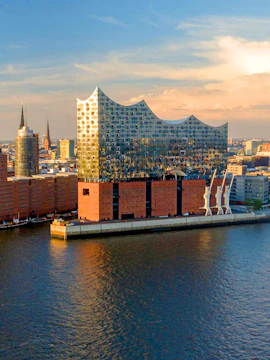 Panoramic view of the Elbphilharmonie concert hall in Hamburg, Germany, by the river.
