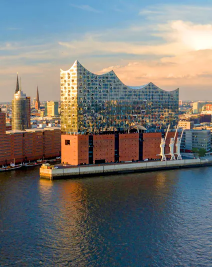 Panoramic view of the Elbphilharmonie concert hall in Hamburg, Germany, by the river.