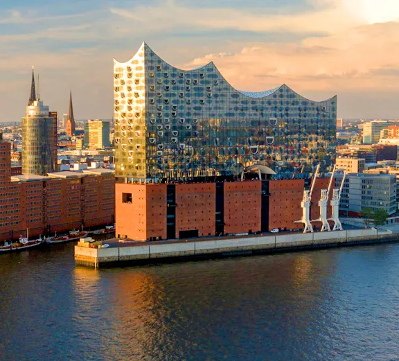 Panoramic view of the Elbphilharmonie concert hall in Hamburg, Germany, by the river.