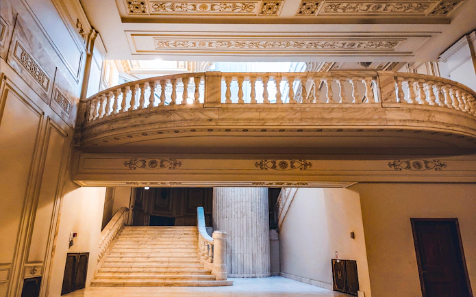 Grand marble staircase inside the Palace of Parliament, Bucharest.