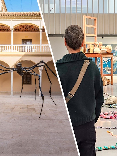 Picasso Museum Malaga courtyard sculpture and visitor viewing art installation.