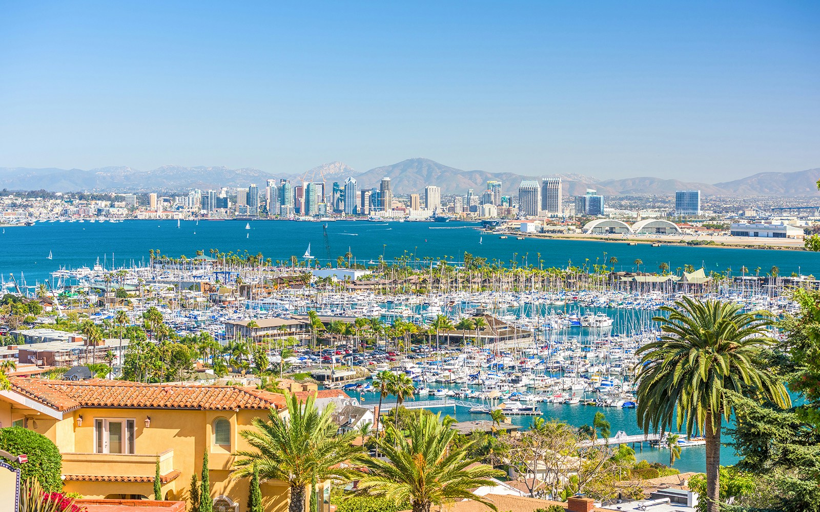 San Diego skyline with marina and bay, view from a hilltop.