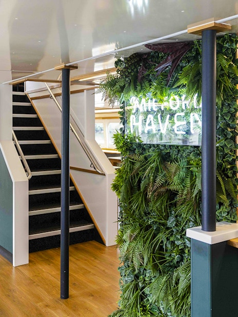 Interior of Milford Sound Haven ship with greenery wall and staircase.