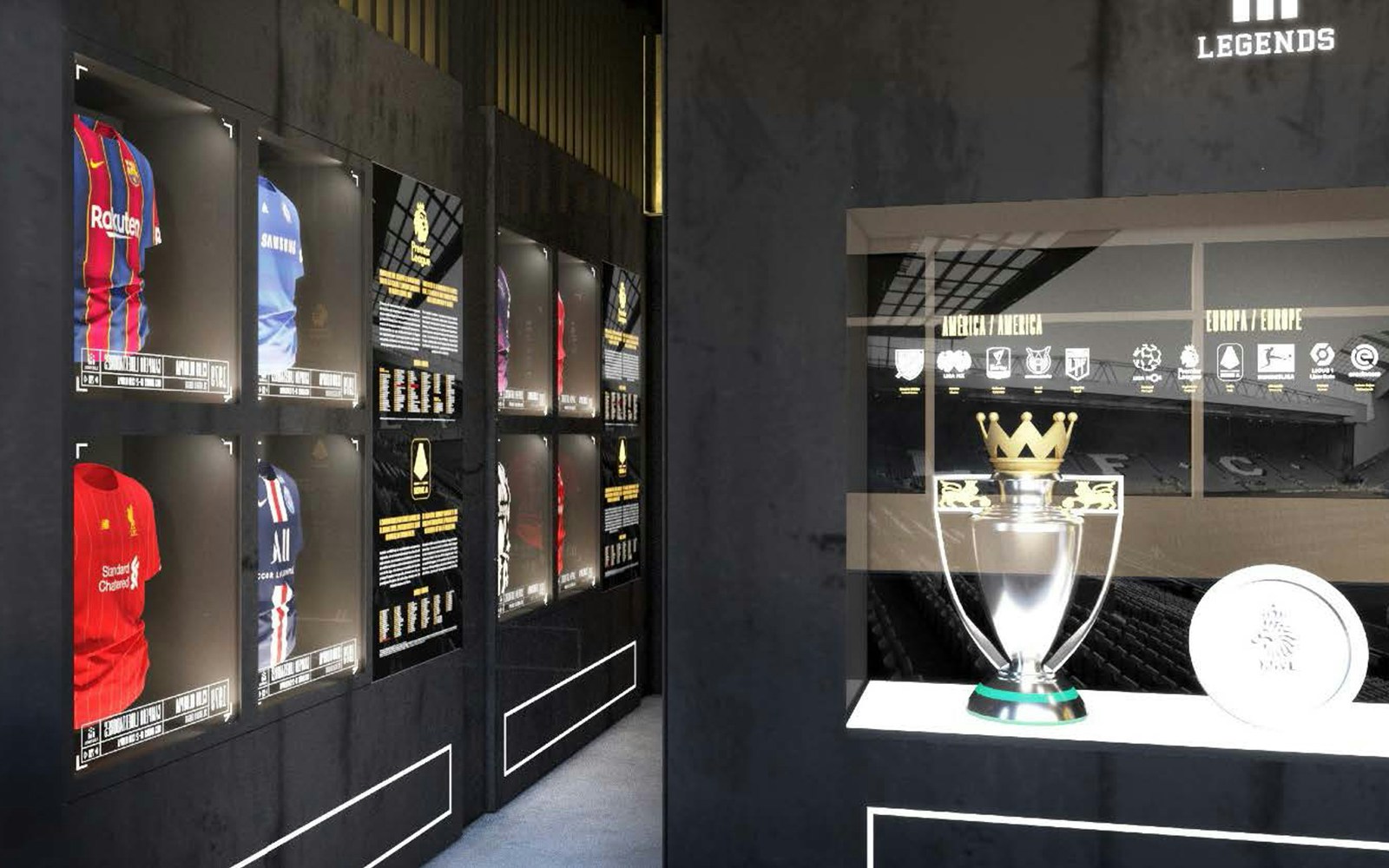 Football jerseys displayed at LEGENDS: The Home of Football in Madrid.