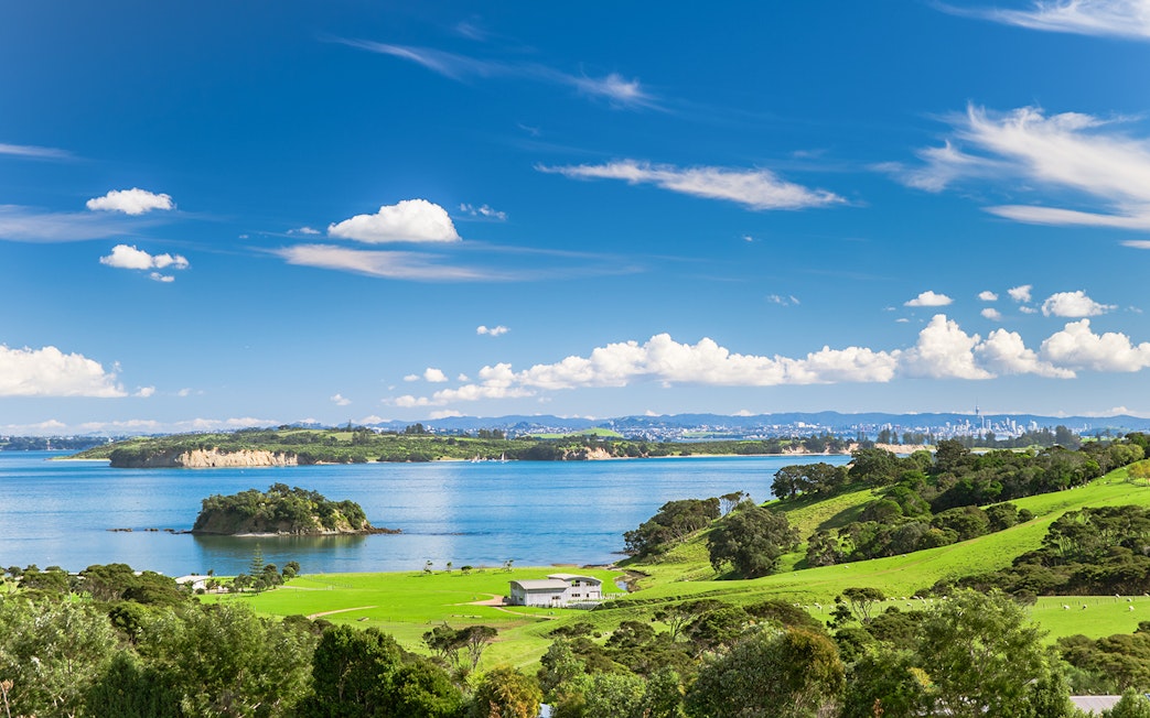 Church Bay view of Hauraki Gulf and Auckland skyline, Waiheke Island.