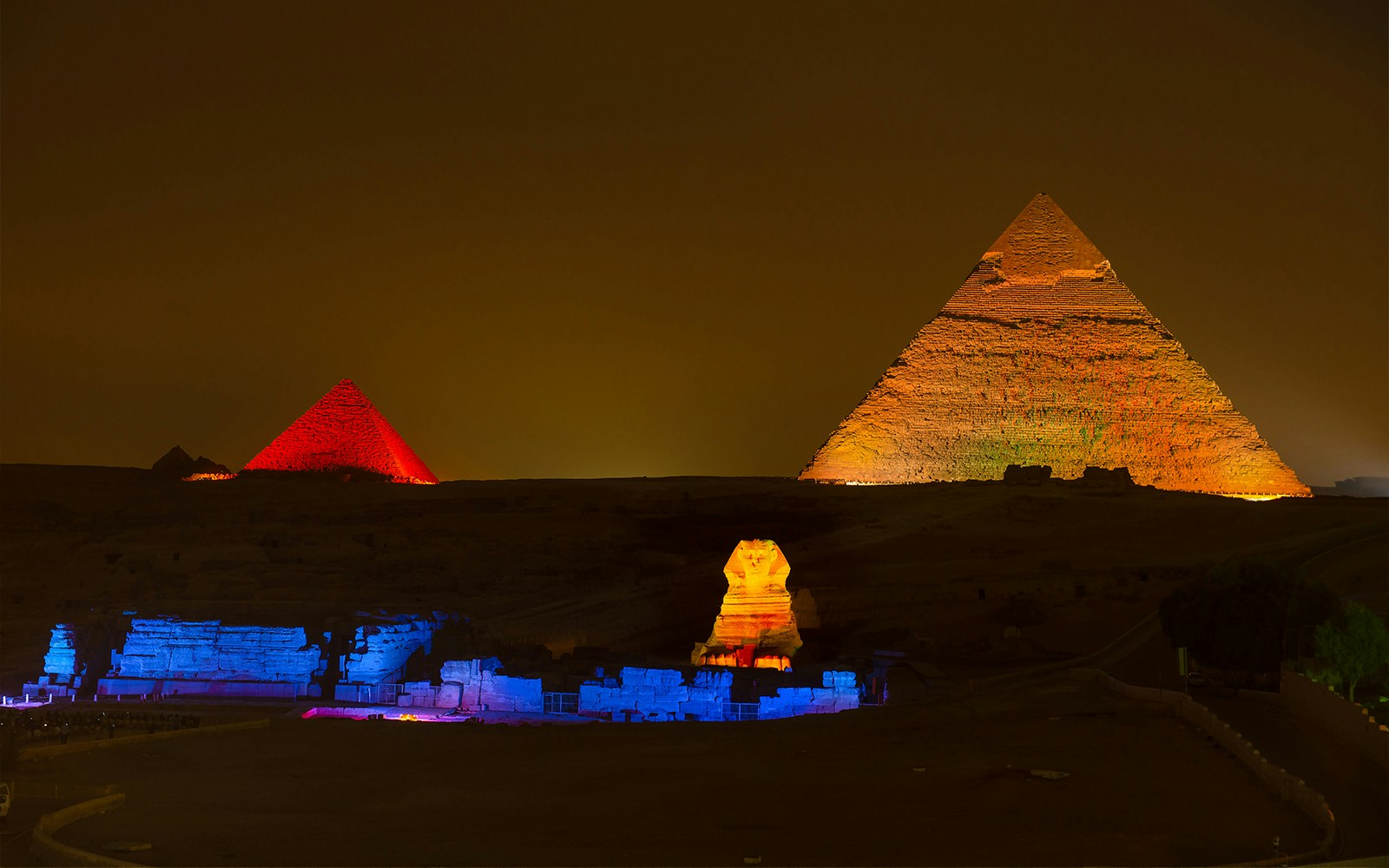Sound and Light Show at the Pyramids, Giza, with illuminated Sphinx and pyramids.