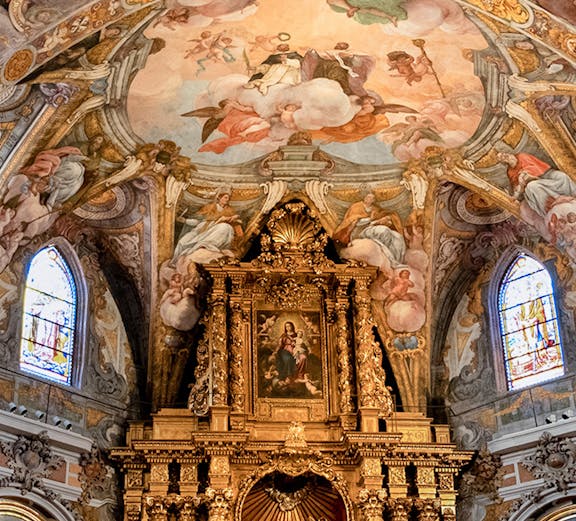 San Nicolás Church Valencia ornate ceiling fresco and altar.
